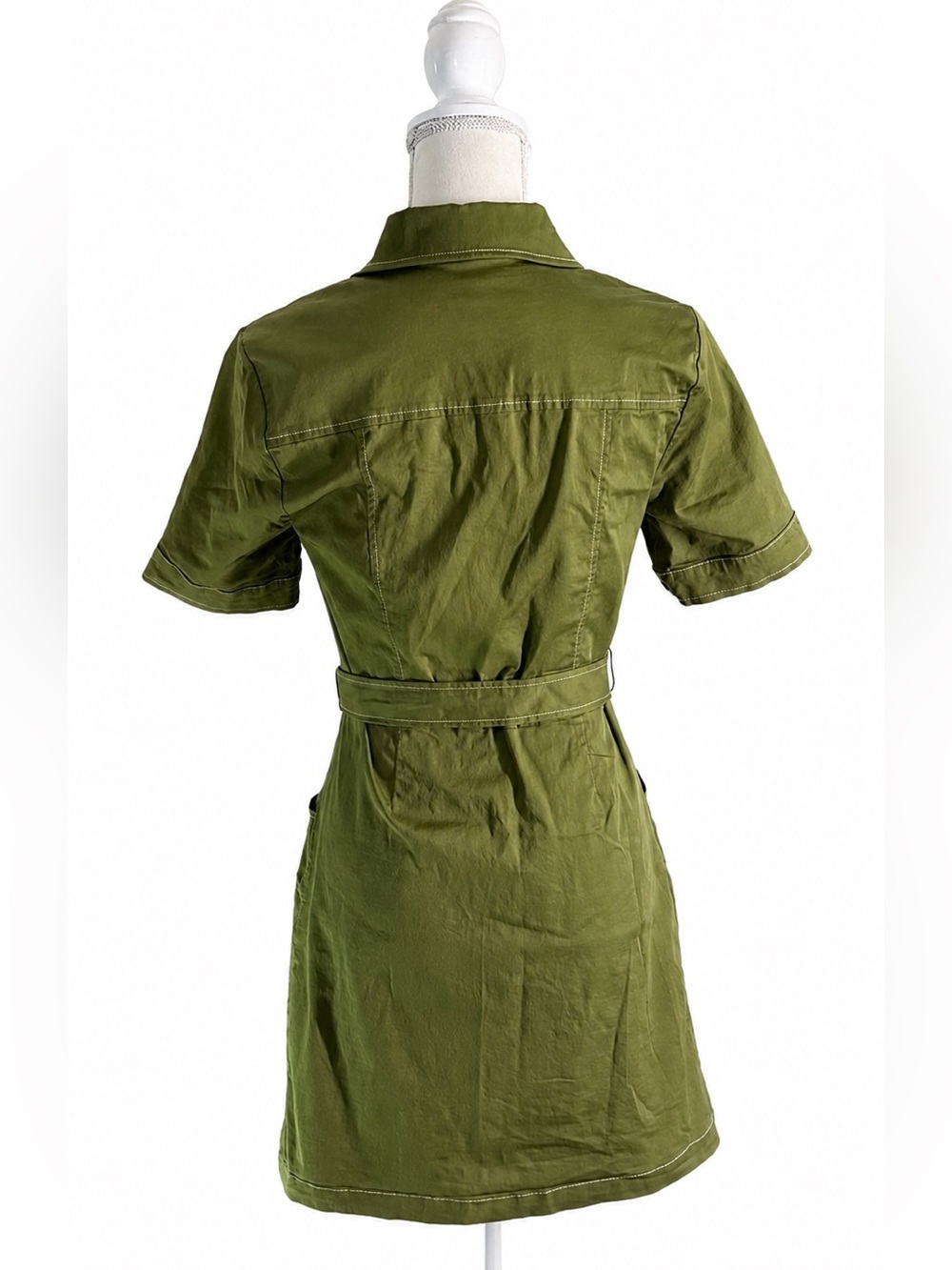 ModCloth Olive Green Utility Shirt Dress Button Front Tie Waist Pockets Retro 8 - Picture 6 of 16